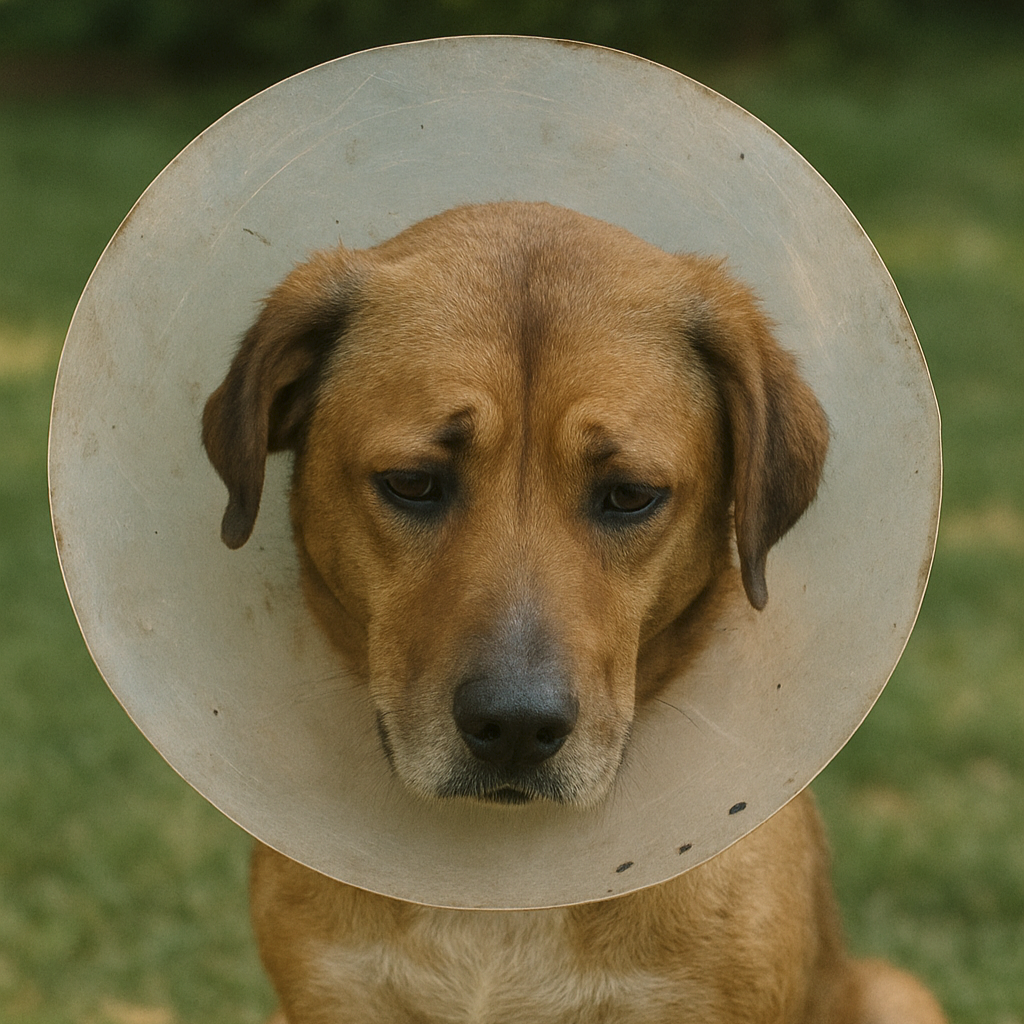 Dog wearing a cone collar on a grassy background